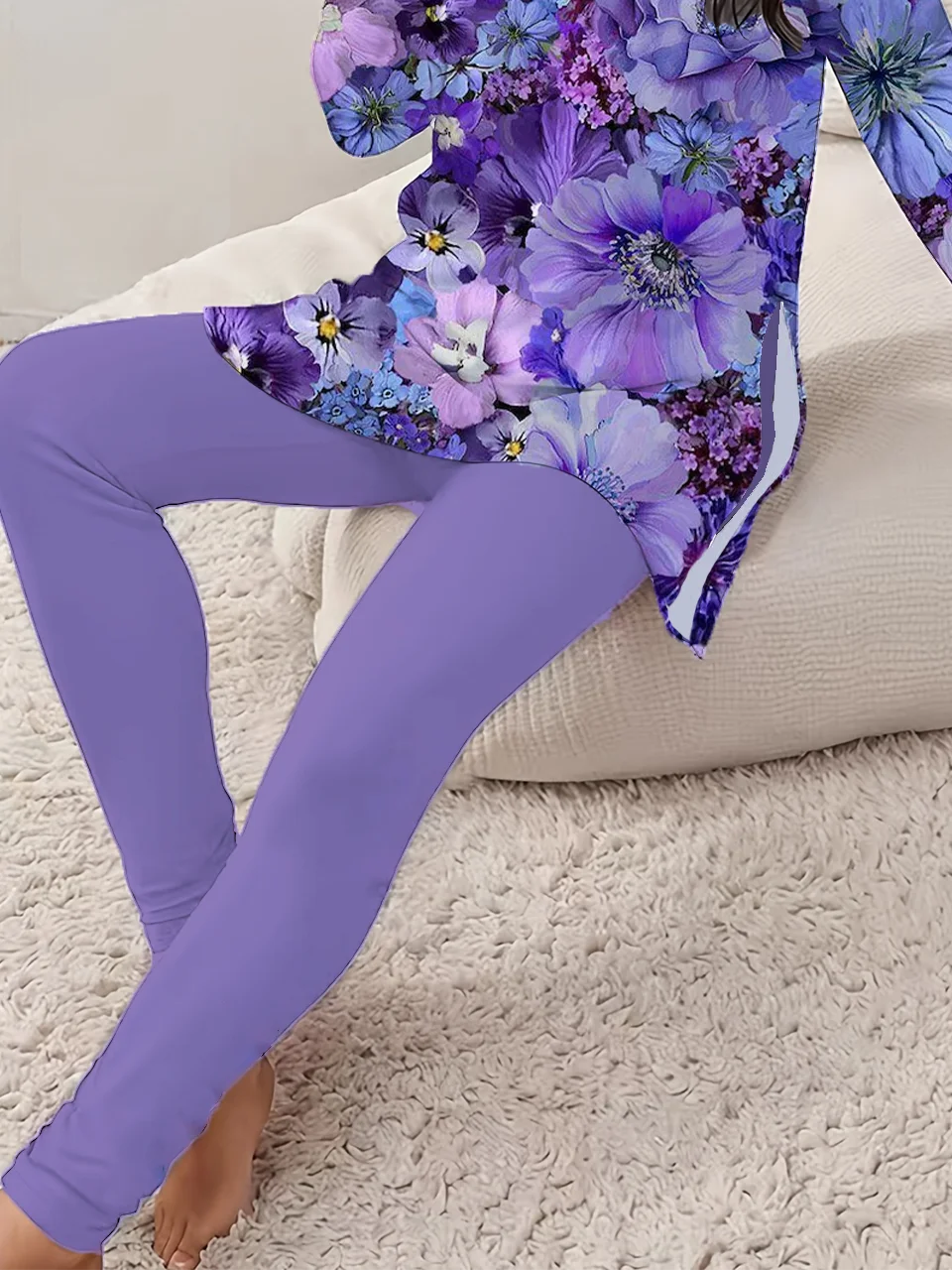 Women Floral Printing Two-Piece Set Daily Long Sleeve Casual Spring/Fall Top With Pants Matching Set