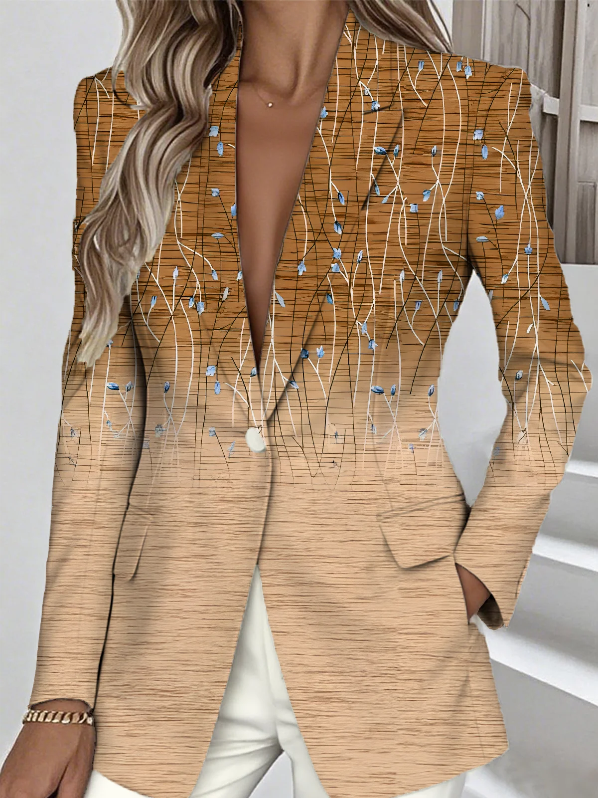 Women Floral Spring/Fall Outerwear Simple Long Sleeve Lapel Collar Regular Blazer