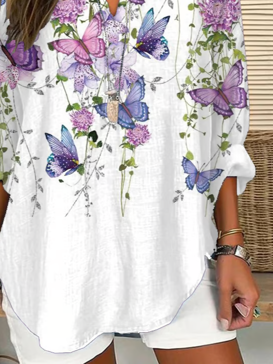 V Neck Long Sleeve Floral Printing Regular Loose Blouse For Women