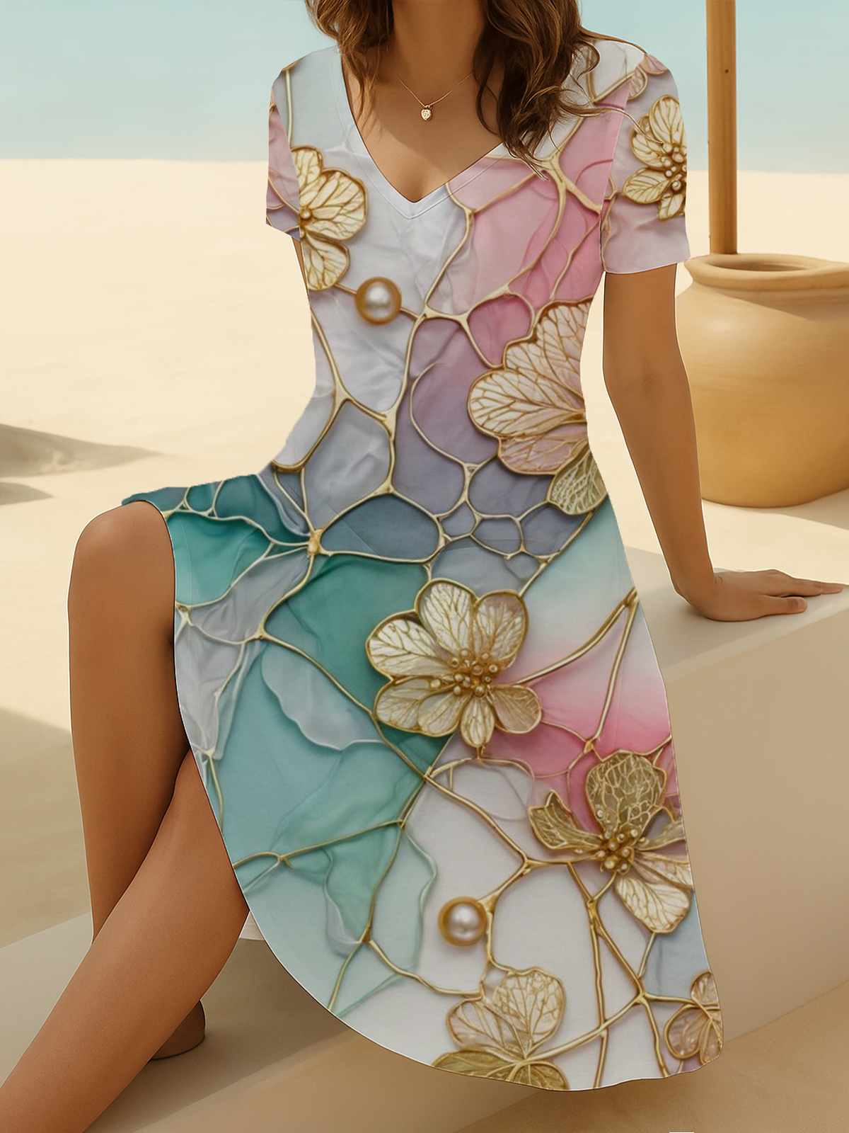 Women Floral Summer Printing Dress V Neck Short Sleeve Fit & Flare Dress A-Line Dress