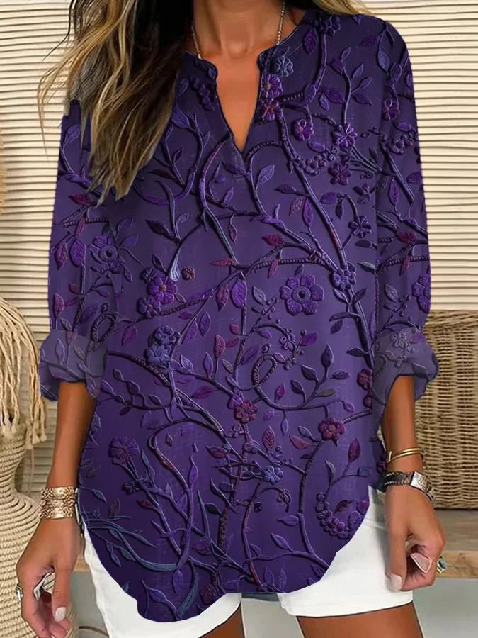 V Neck Long Sleeve Floral Printing Regular Loose Blouse For Women