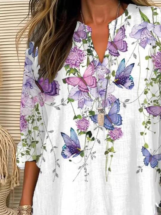 V Neck Long Sleeve Floral Printing Regular Loose Blouse For Women