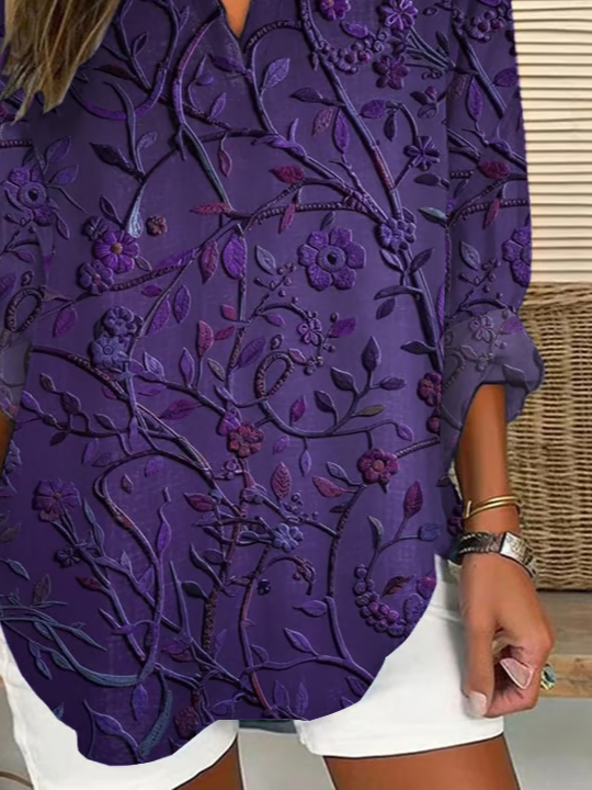 V Neck Long Sleeve Floral Printing Regular Loose Blouse For Women