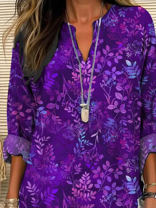 V Neck Long Sleeve Floral Printing Regular Loose Blouse For Women