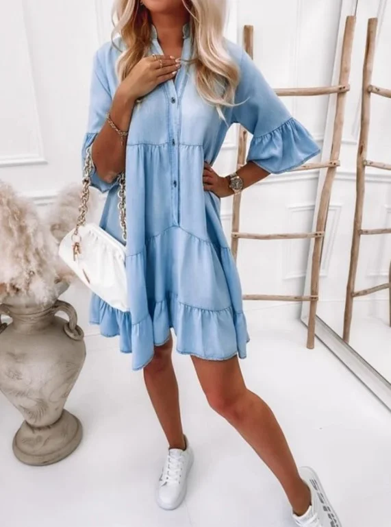 Women's Sweet Temperament Solid Color Washed Cotton Five-Quarter Sleeve A-Line Mid-Length Denim Dress
