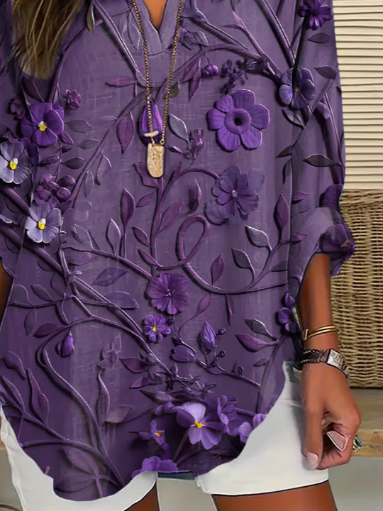 V Neck Long Sleeve 3D Floral Printing Regular Loose Blouse For Women