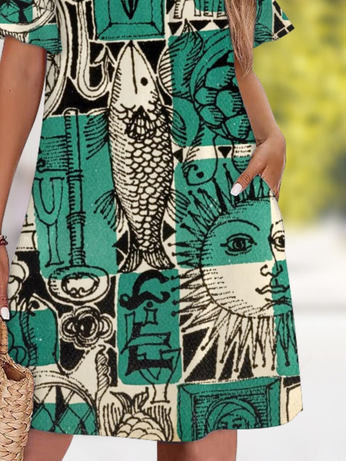 Women Floral Summer Dress V Neck Short Sleeve Art Painting T-Shirt Dress A-Line Dress