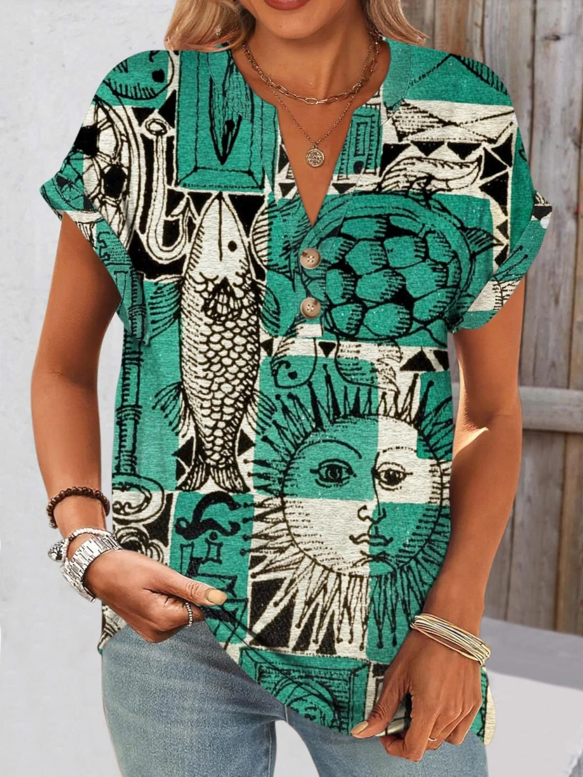 Casual Art Painting V Neck Short Sleeve Comfy Cotton T-shirt