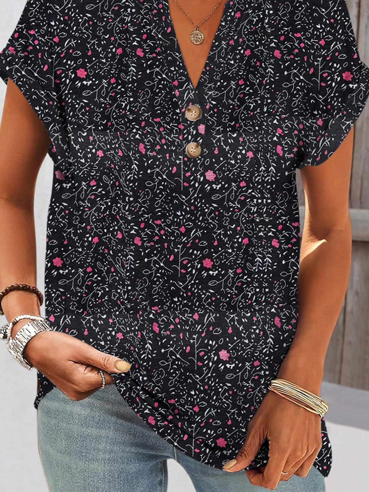 Casual Floral V Neck Short Sleeve T-shirt