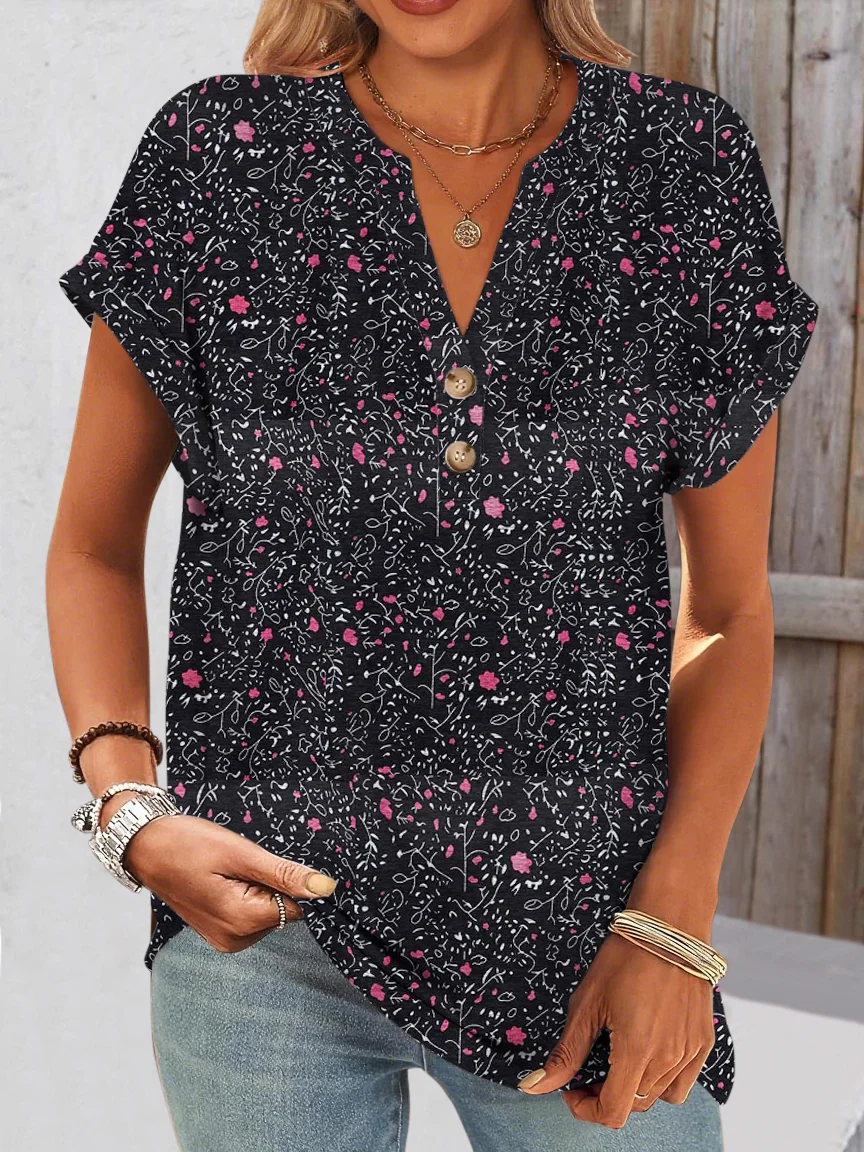 Casual Floral V Neck Short Sleeve T-shirt