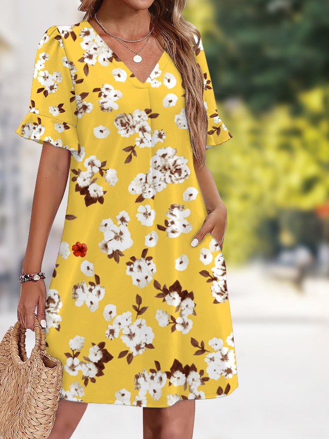 Women Floral Summer Dress V Neck Short Sleeve Fit & Flare Dress A-Line Dress
