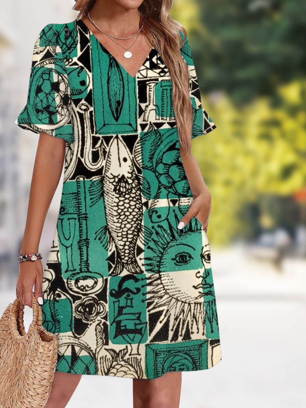 Women Floral Summer Dress V Neck Short Sleeve Art Painting T-Shirt Dress A-Line Dress