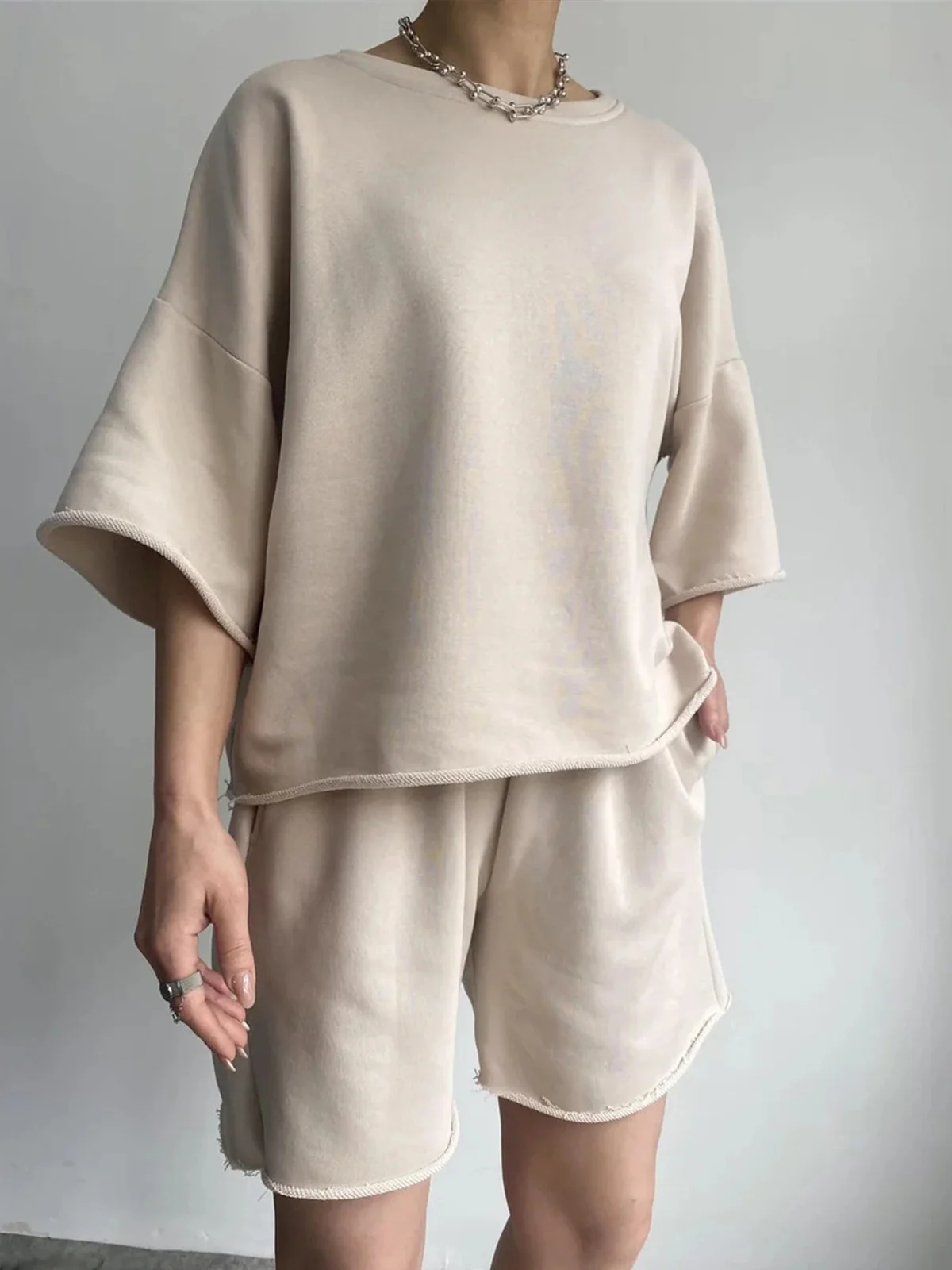 Women Plain Two-Piece Set Daily Half Sleeve Casual Summer Short Sets Matching Set