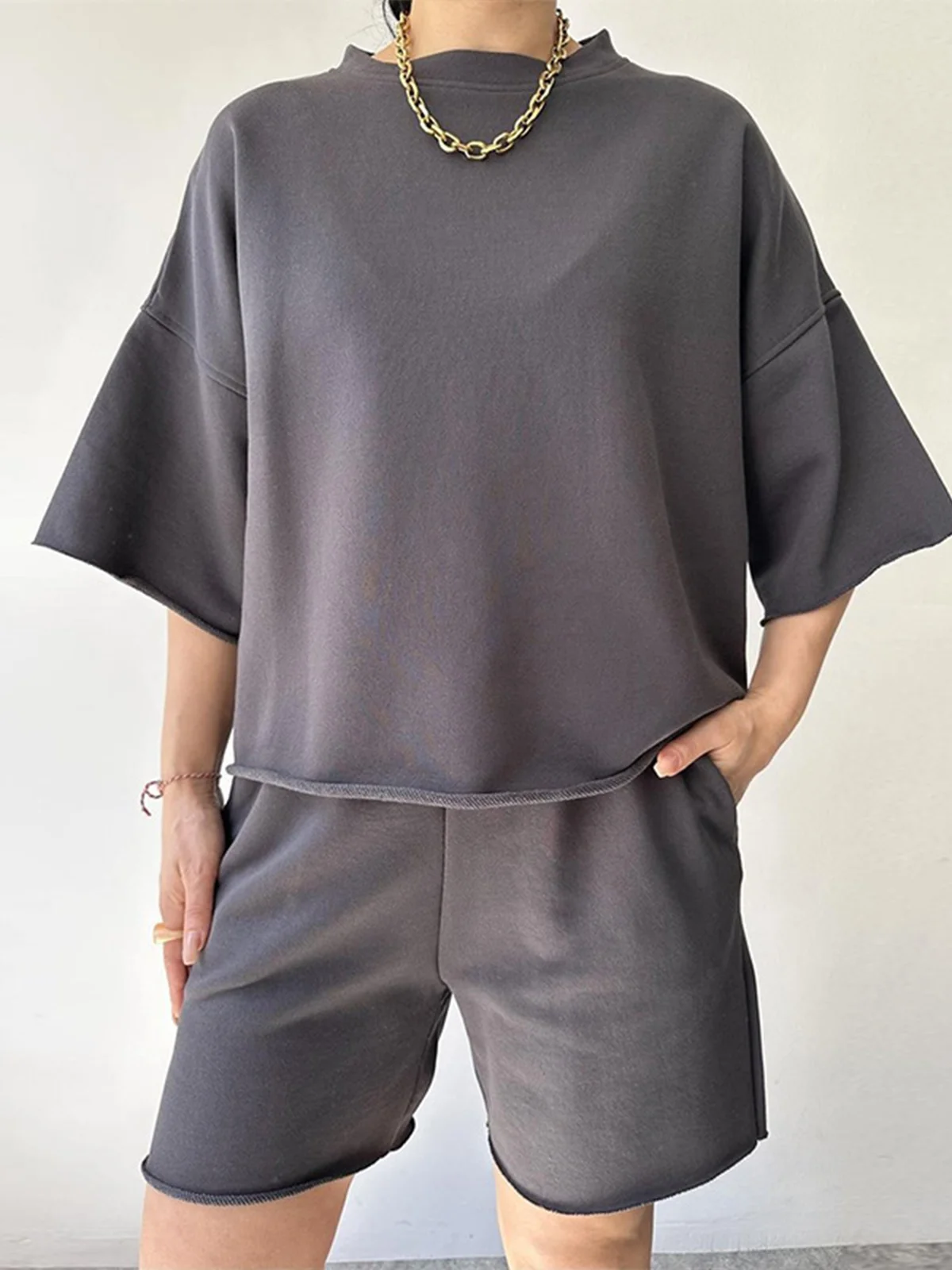 Women Plain Two-Piece Set Daily Half Sleeve Casual Summer Short Sets Matching Set