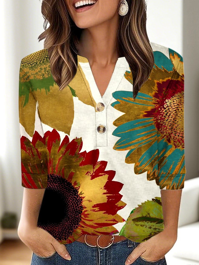 Casual Floral V Neck Three Quarter Sleeve T-shirt