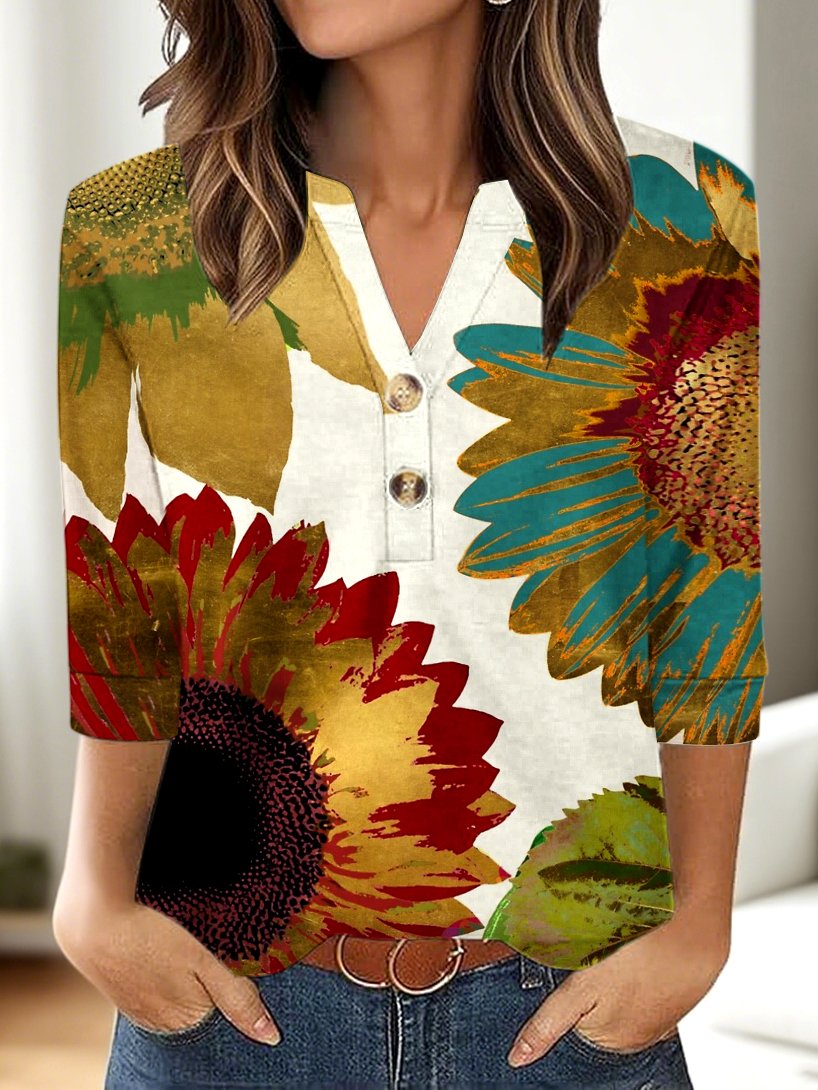 Casual Floral V Neck Three Quarter Sleeve T-shirt