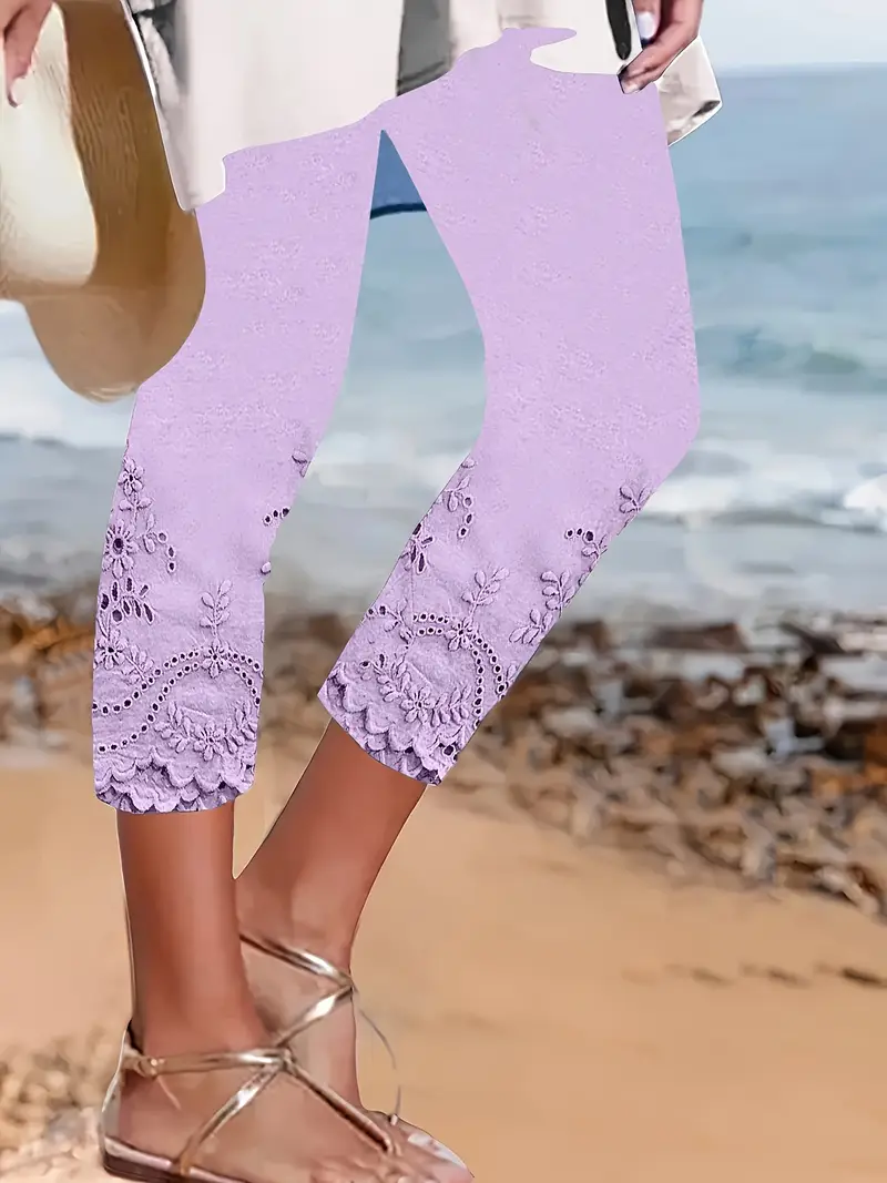 Women Floral Capris Elastic Waist Pants Casual Summer Trousers