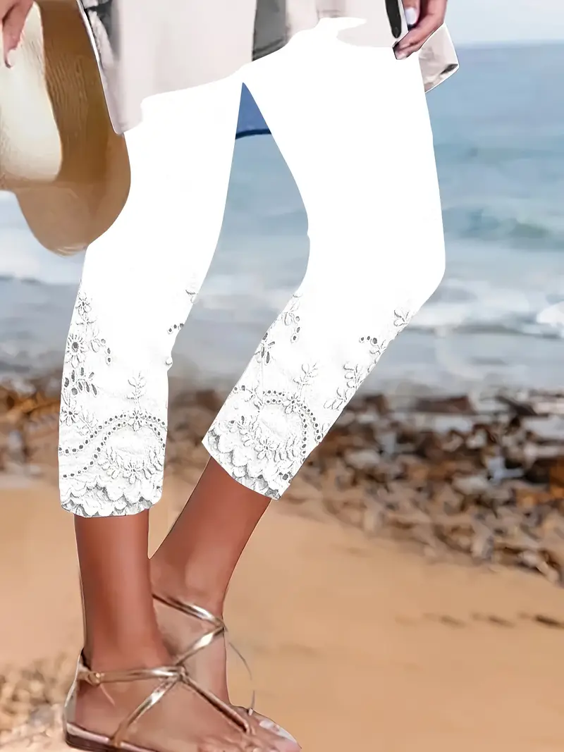 Women Floral Capris Elastic Waist Pants Casual Summer Trousers