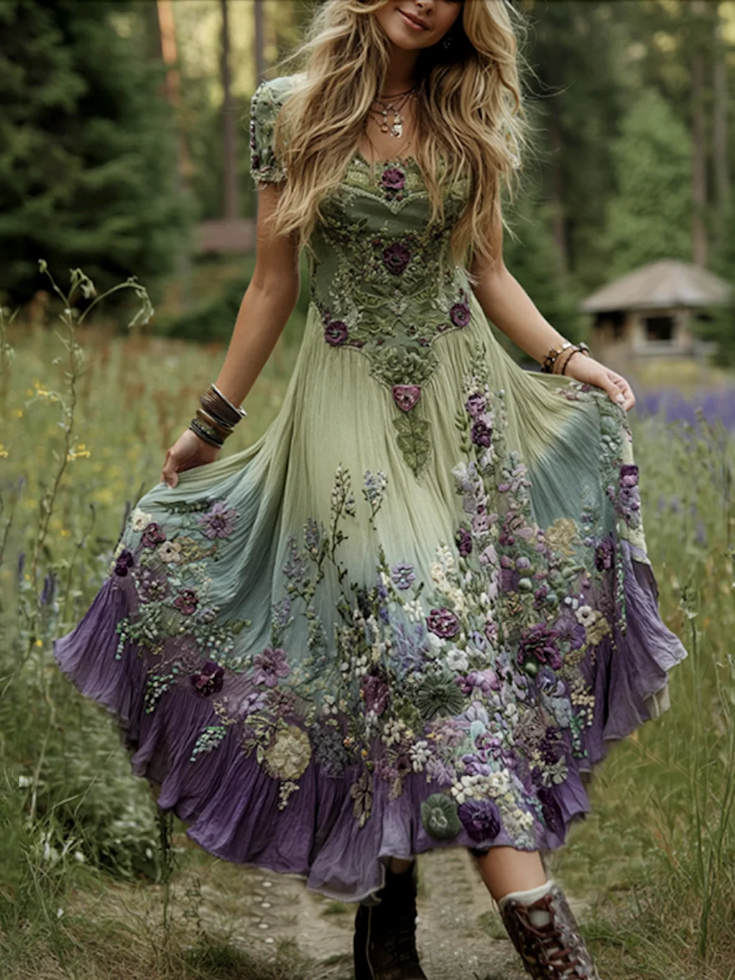 Women Floral Summer Dress Crew Neck Short Sleeve A-Line Dress