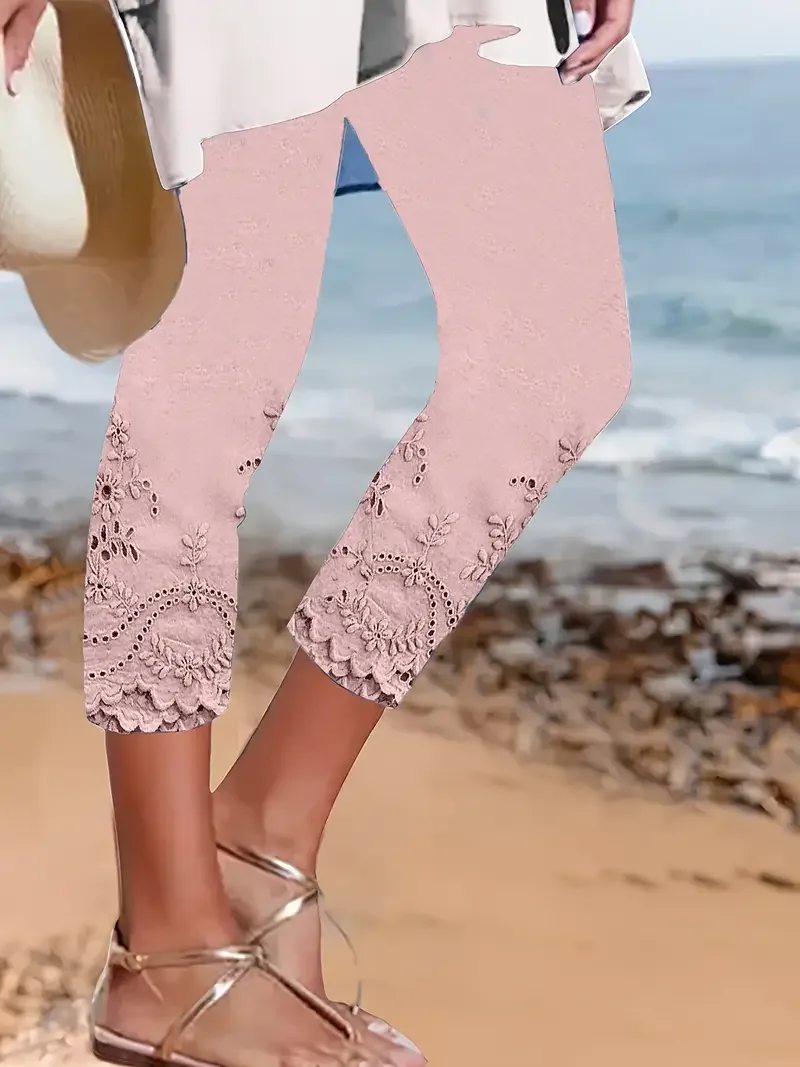 Women Floral Capris Elastic Waist Pants Casual Summer Trousers