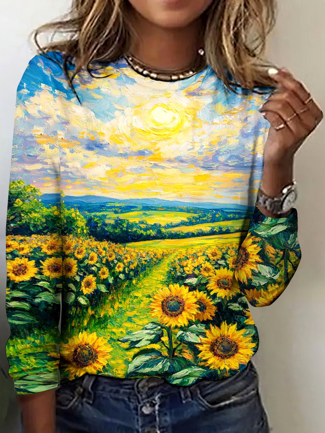 Vintage Sunflower Art Pattern Crew Neck Long Sleeve T-shirt