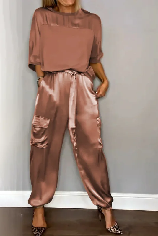 Women Plain Pocket Stitching Two-Piece Set Daily Half Sleeve Casual Summer Top With Pants Matching Set