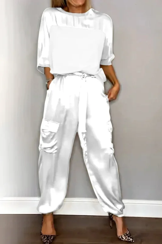 Women Plain Pocket Stitching Two-Piece Set Daily Half Sleeve Casual Summer Top With Pants Matching Set