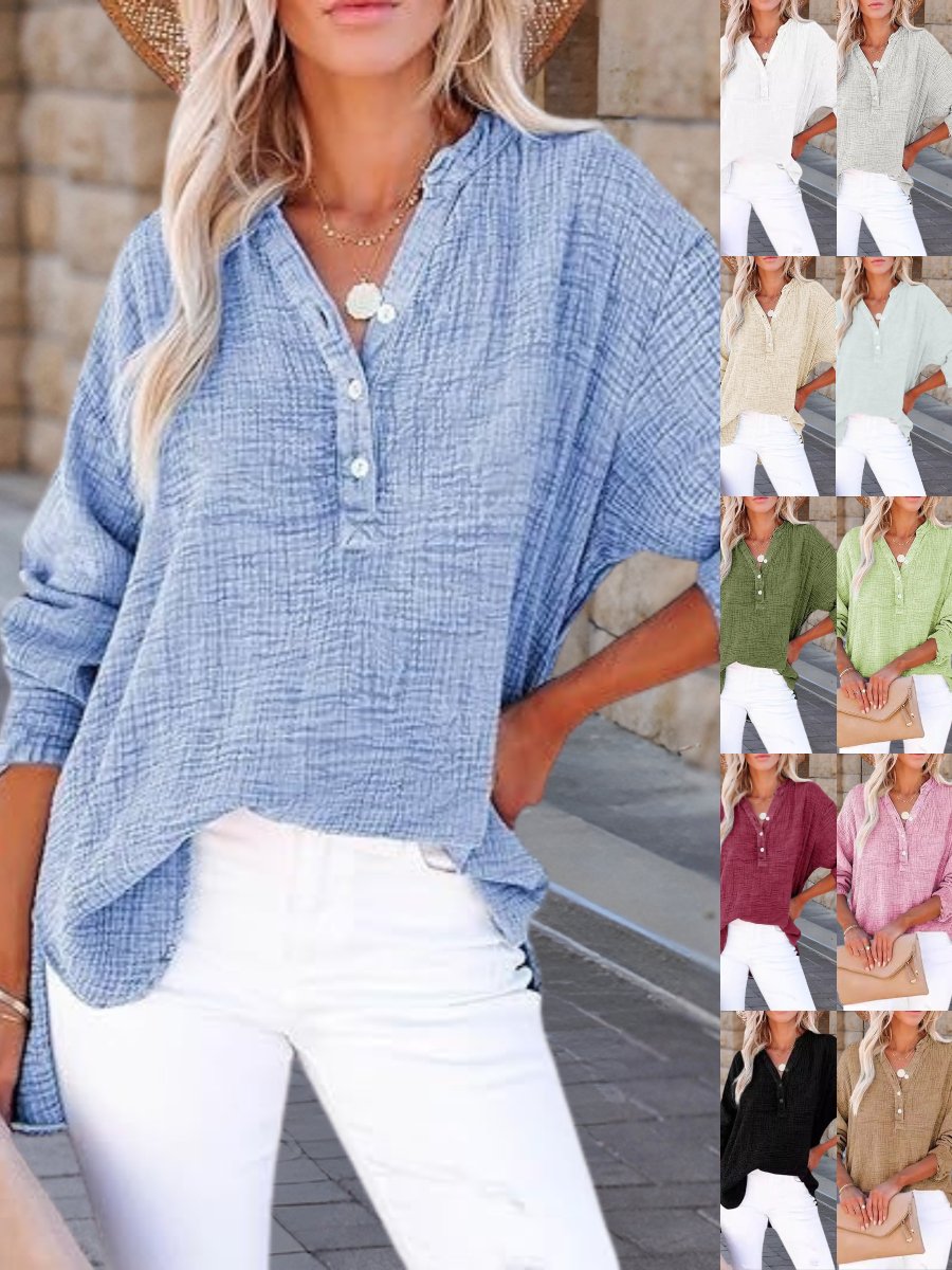 V Neck Long Sleeve Plain Split Joint Regular Micro-Elasticity Loose Tunic Shirt For Women