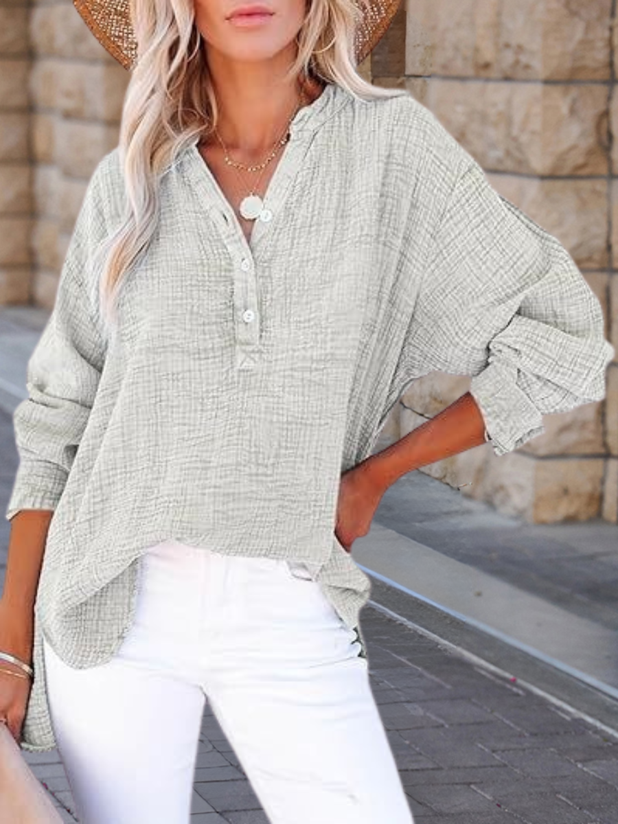 V Neck Long Sleeve Plain Split Joint Regular Micro-Elasticity Loose Tunic Shirt For Women