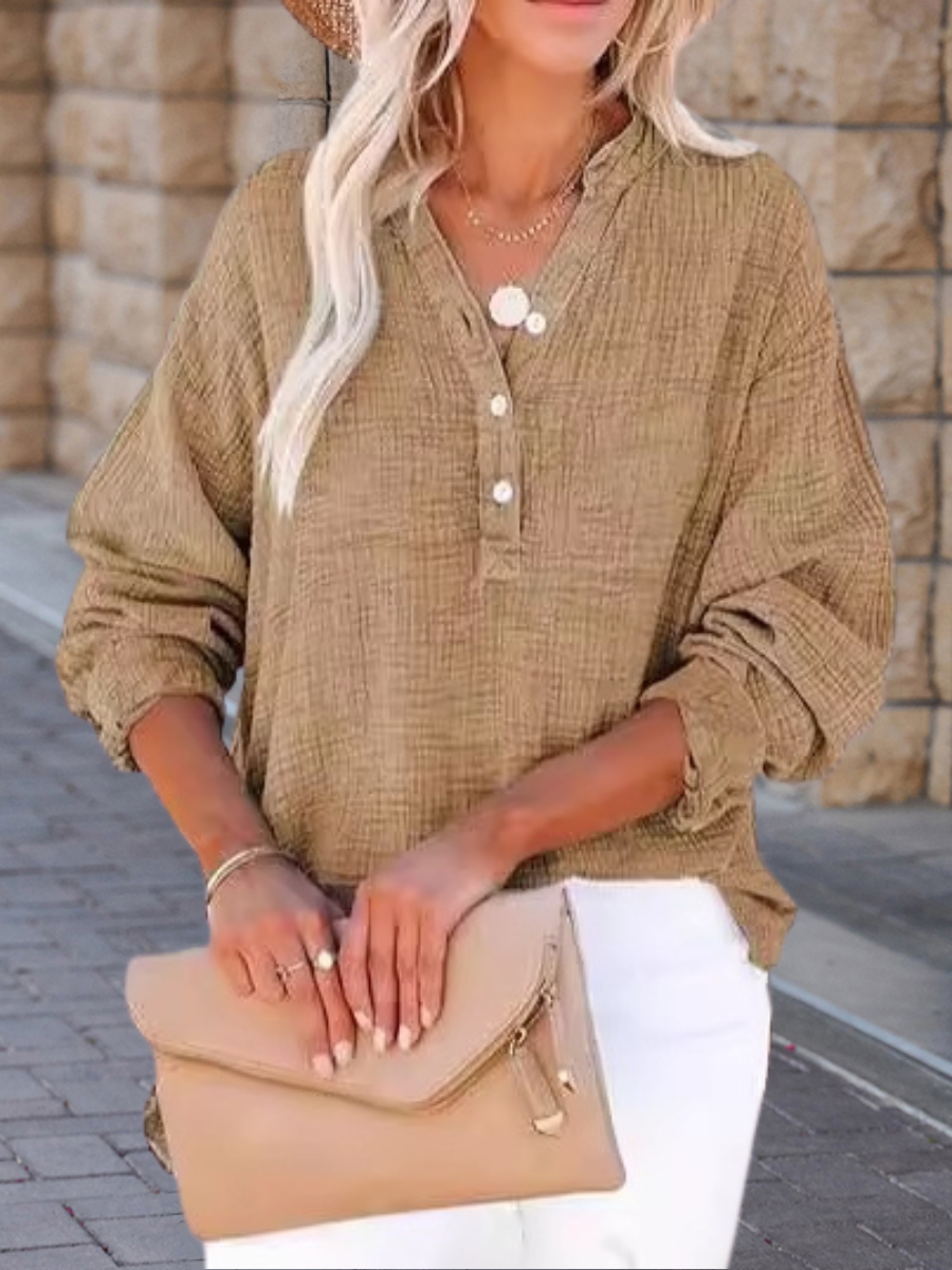 V Neck Long Sleeve Plain Split Joint Regular Micro-Elasticity Loose Tunic Shirt For Women