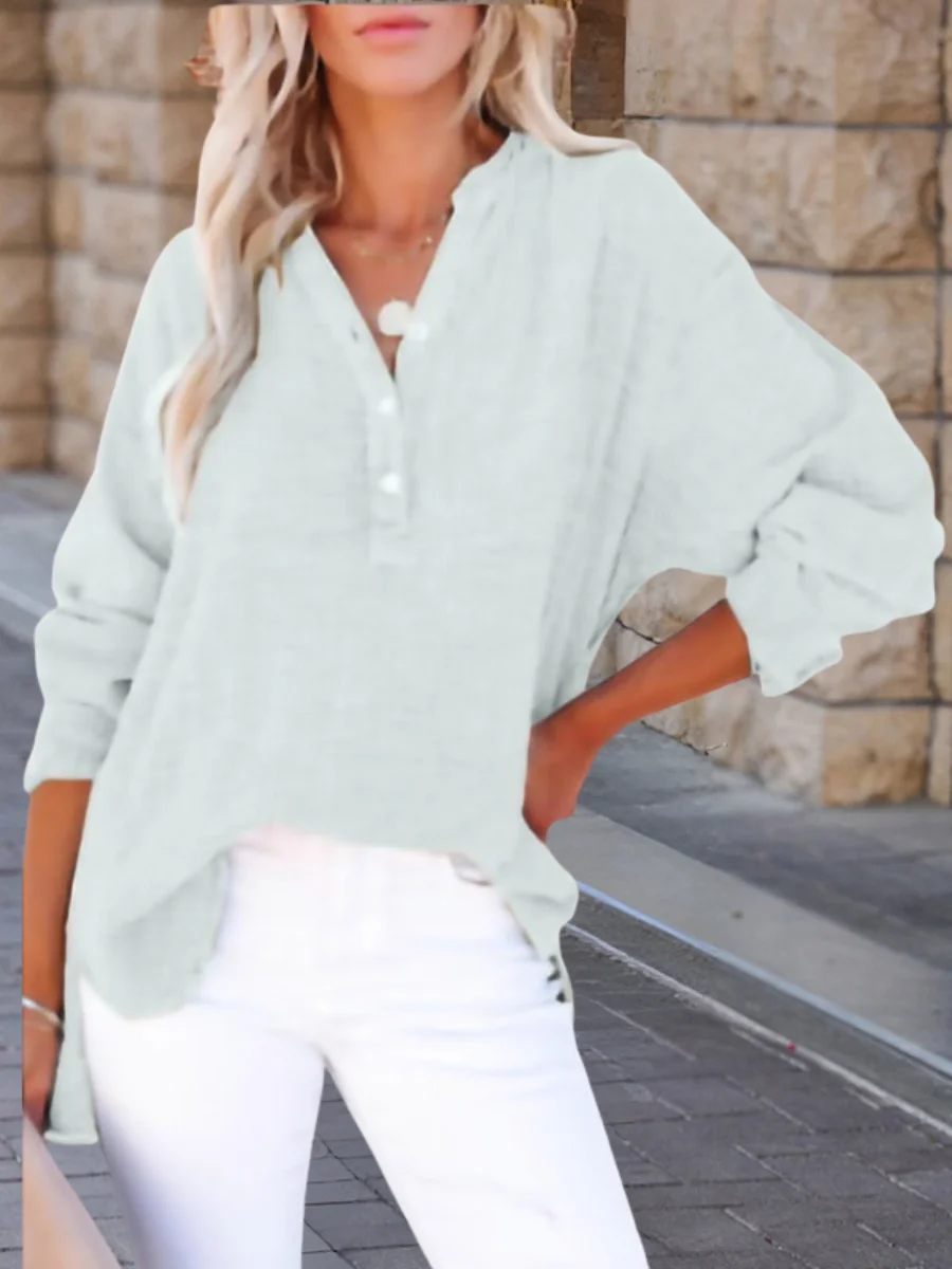 V Neck Long Sleeve Plain Split Joint Regular Micro-Elasticity Loose Tunic Shirt For Women