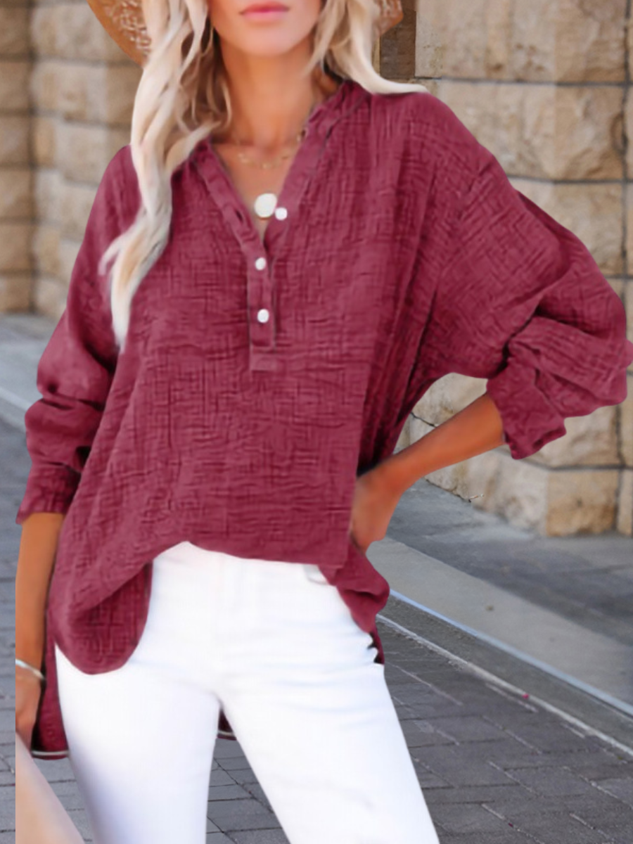 V Neck Long Sleeve Plain Split Joint Regular Micro-Elasticity Loose Tunic Shirt For Women