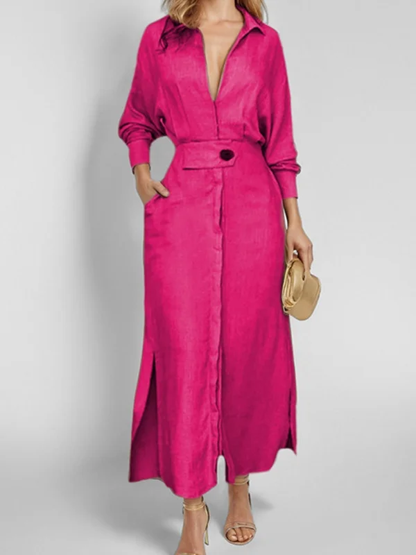 Women Plain Spring/Fall Split Joint Dress V Neck Long Sleeve Tank A-Line Dress