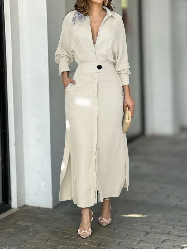 Women Plain Spring/Fall Split Joint Dress V Neck Long Sleeve Tank A-Line Dress