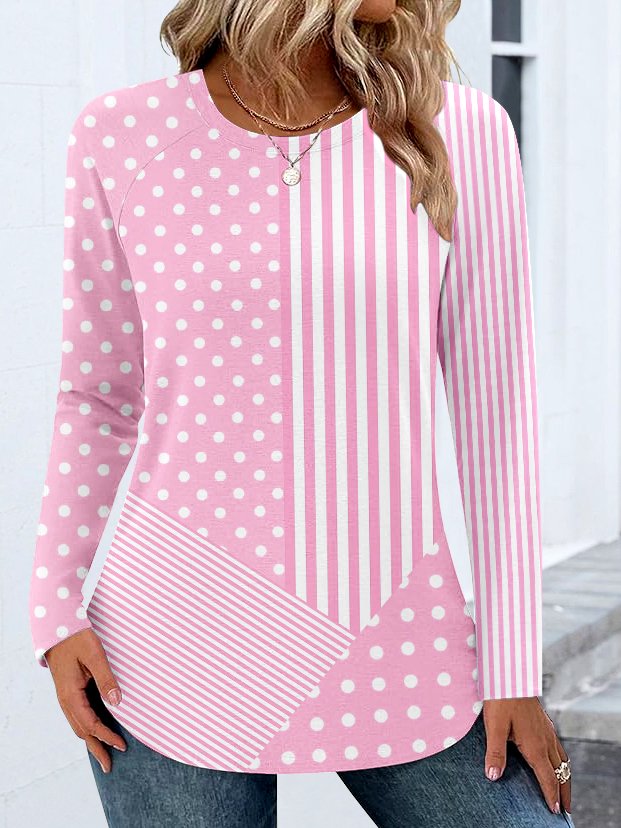 Casual Color Block Crew Neck Long Sleeve T-shirt