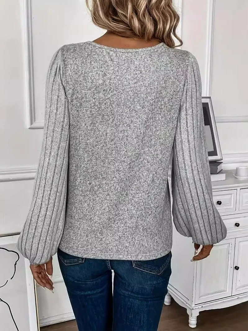 Drop Shoulder Ribbed Lace Collar Long Sleeve Spring And Autumn Knitted Commuter T-Shirt Top