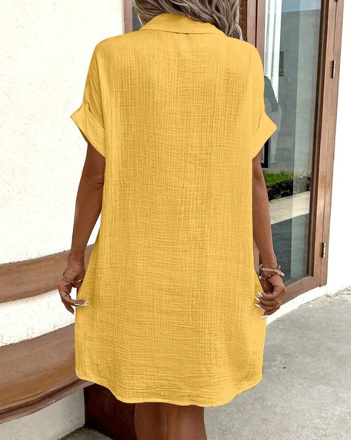 Women Plain All Season Dress Shawl Collar Short Sleeve Shirt Dress H-Line Dress