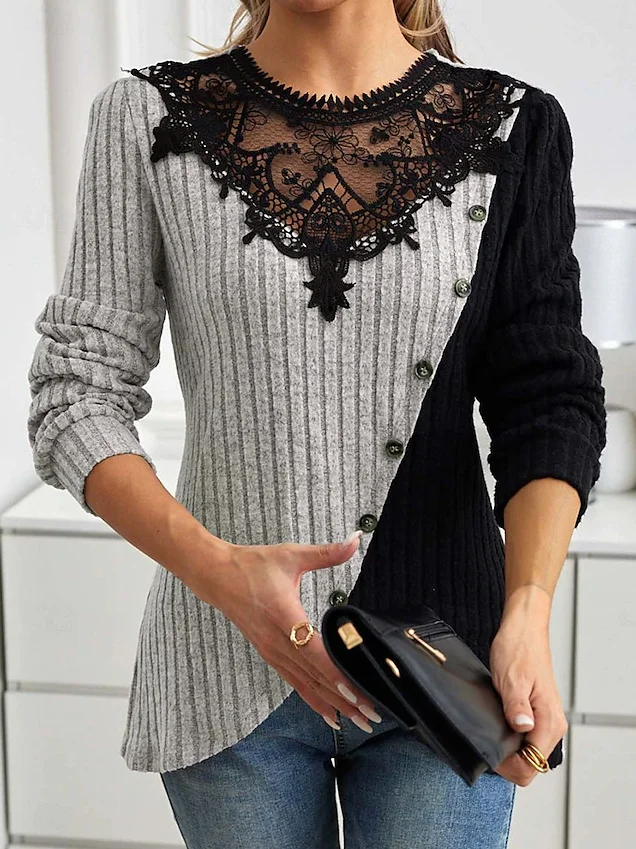 Slim Fit Lace Round Neck Color Matching Ribbed Cross Hem Long Sleeve Knitted Elegant Commuter T-Shirt Top