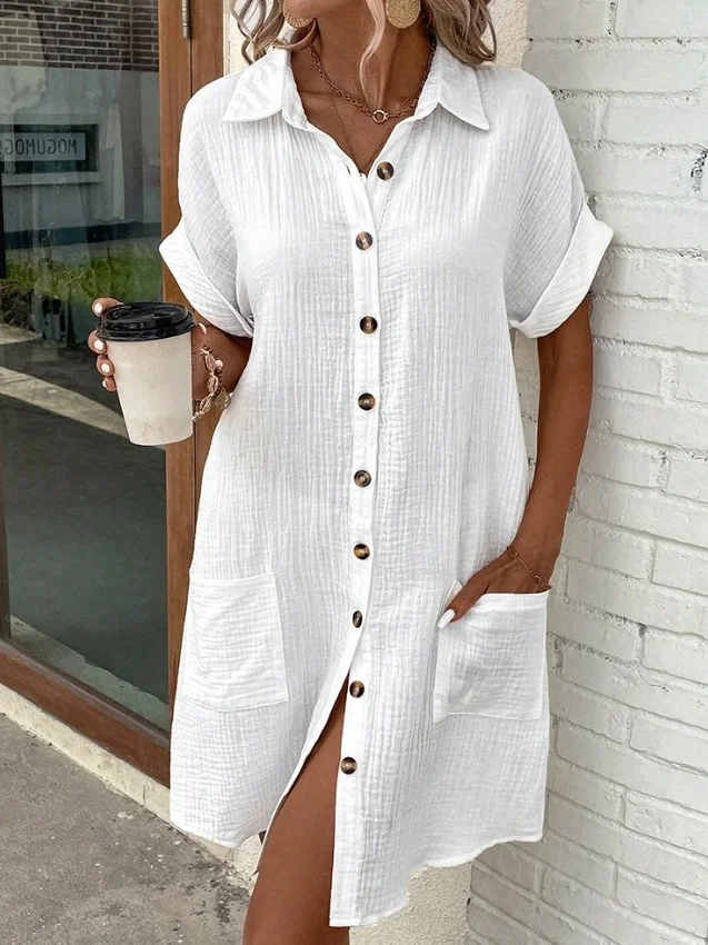 Women Plain All Season Dress Shawl Collar Short Sleeve Shirt Dress H-Line Dress