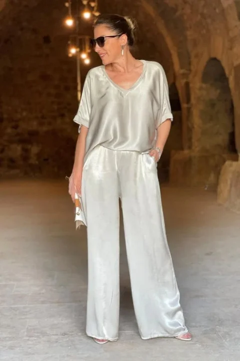 Women Plain Split Joint Two-Piece Set Daily Half Sleeve Casual Summer Top With Pants Matching Set