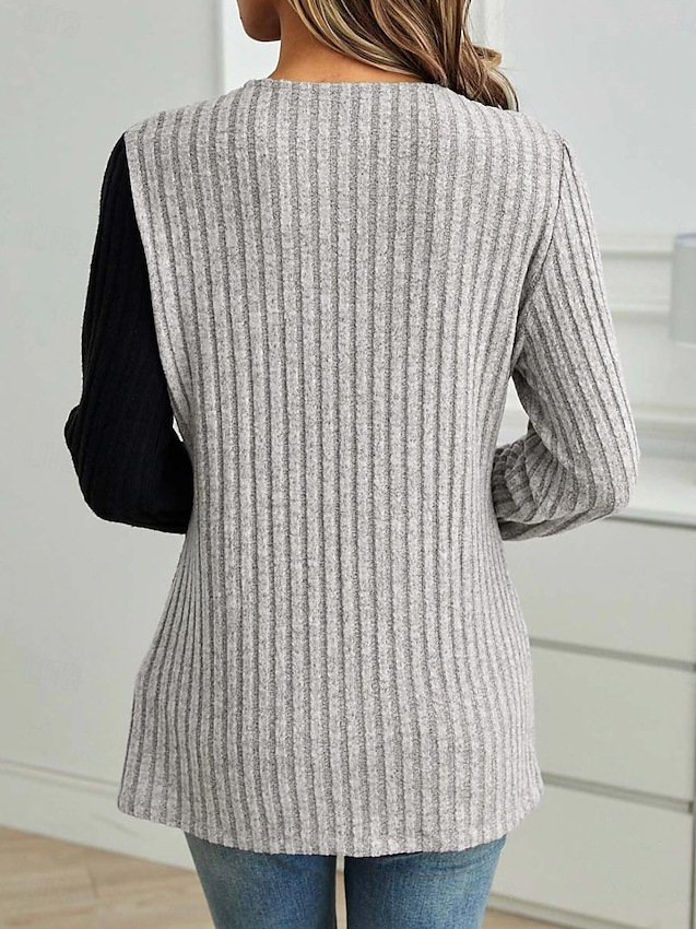 Slim Fit Lace Round Neck Color Matching Ribbed Cross Hem Long Sleeve Knitted Elegant Commuter T-Shirt Top