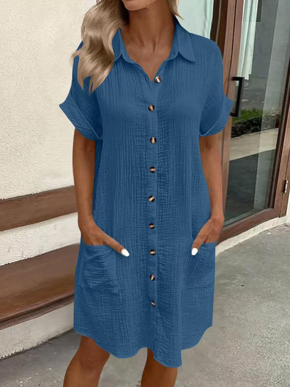 Women Plain All Season Dress Shawl Collar Short Sleeve Shirt Dress H-Line Dress
