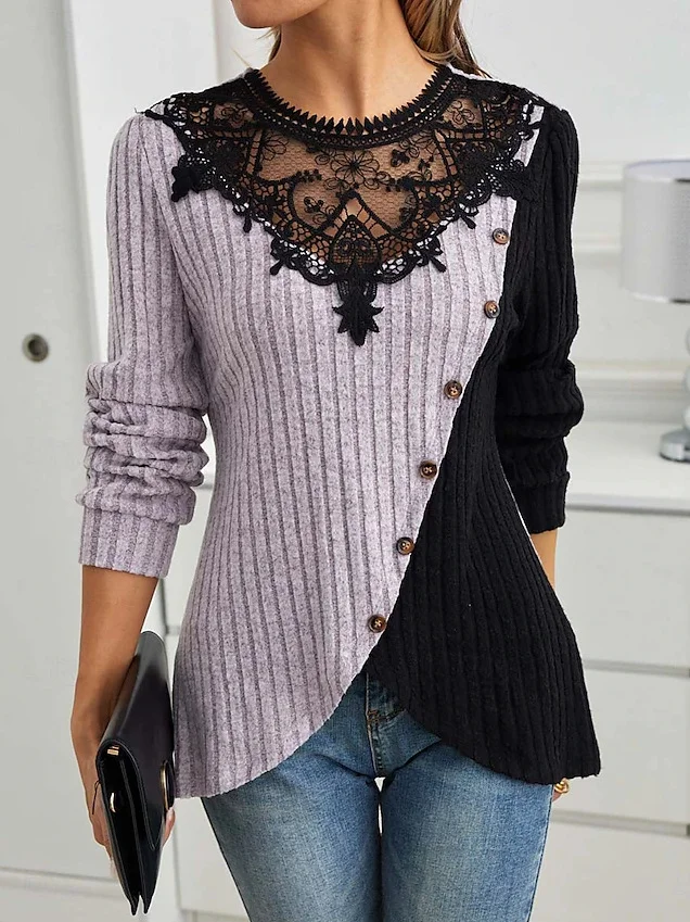 Slim Fit Lace Round Neck Color Matching Ribbed Cross Hem Long Sleeve Knitted Elegant Commuter T-Shirt Top