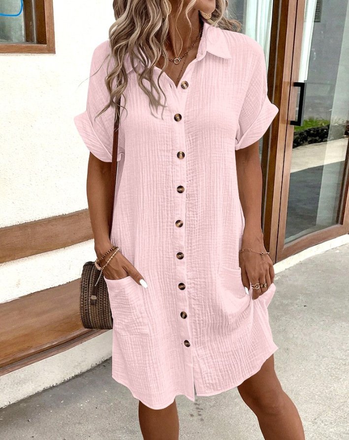 Women Plain All Season Dress Shawl Collar Short Sleeve Shirt Dress H-Line Dress