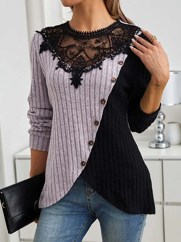 Slim Fit Lace Round Neck Color Matching Ribbed Cross Hem Long Sleeve Knitted Elegant Commuter T-Shirt Top