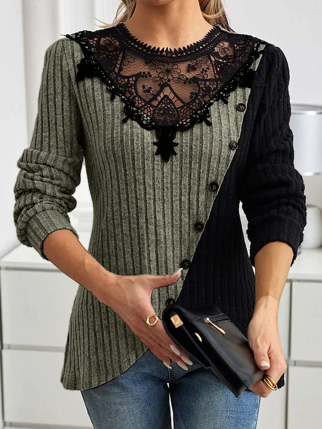 Slim Fit Lace Round Neck Color Matching Ribbed Cross Hem Long Sleeve Knitted Elegant Commuter T-Shirt Top