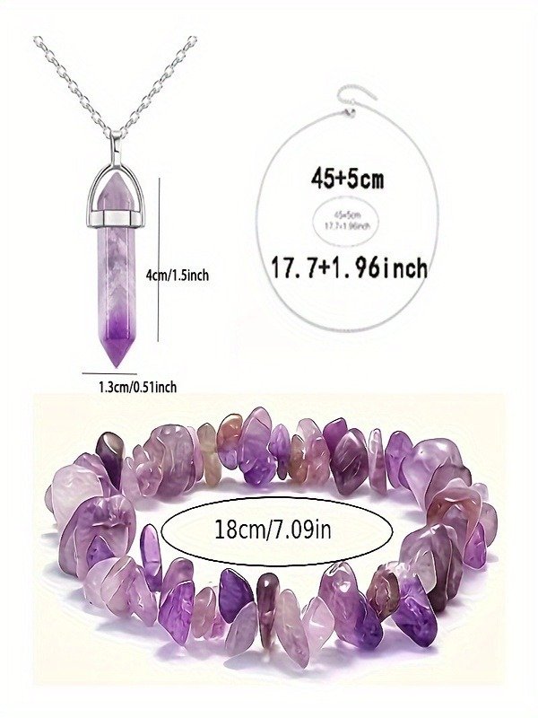 Natural Stone Gravel Crystal Ladies Chain Bracelet Irregular Small Gravel Amethyst Bracelet Elastic Bracelet Necklace 2-piece Set