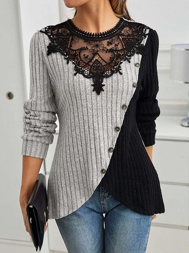 Slim Fit Lace Round Neck Color Matching Ribbed Cross Hem Long Sleeve Knitted Elegant Commuter T-Shirt Top