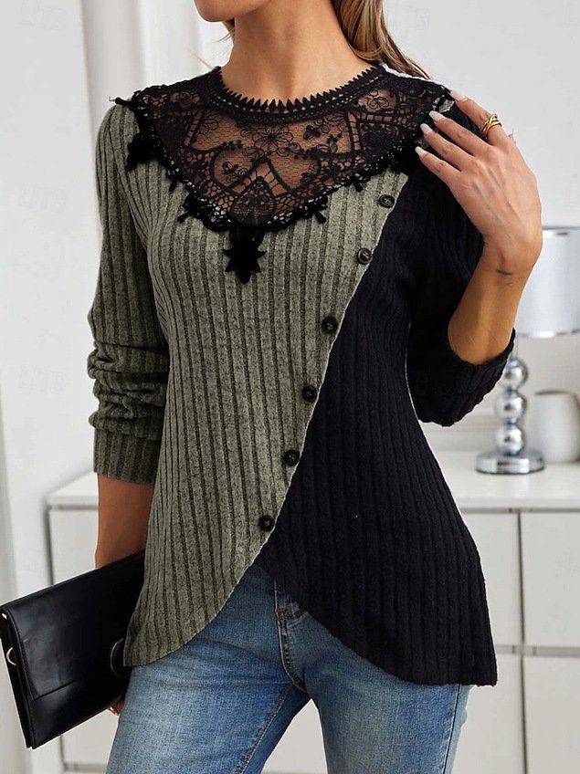 Slim Fit Lace Round Neck Color Matching Ribbed Cross Hem Long Sleeve Knitted Elegant Commuter T-Shirt Top