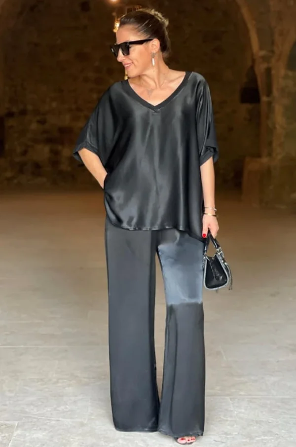 Women Plain Split Joint Two-Piece Set Daily Half Sleeve Casual Summer Top With Pants Matching Set